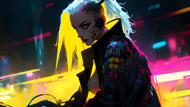 Cyberpunk 2077 Fille aux cheveux jaunes Couverture de fond d’écran
