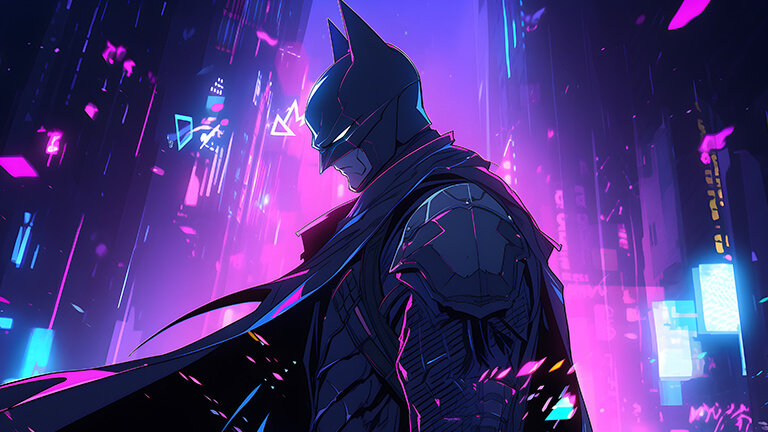 Fond d'écran pc de bureau avec Batman de DC Comics dans une ville violette la nuit en couverture
