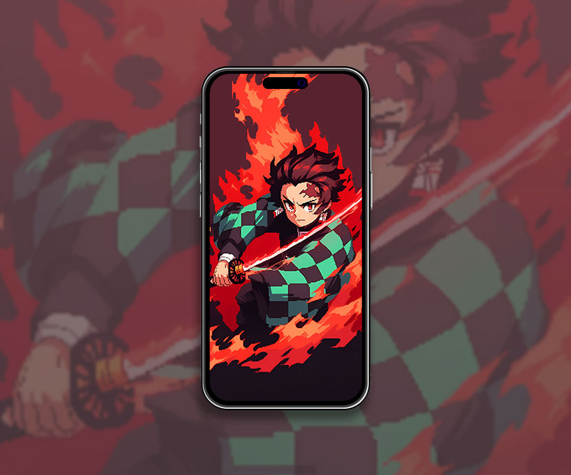 Demon slayer tanjiro in fire pixel art fond d’écran Cool anime ae