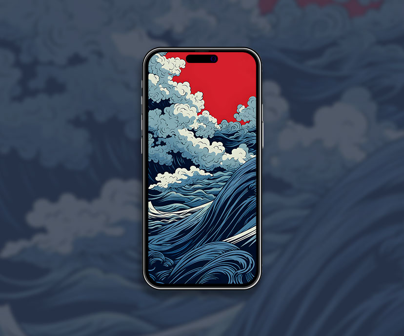 Dynamic blue waves on red background wallpaper Aesthetic art w