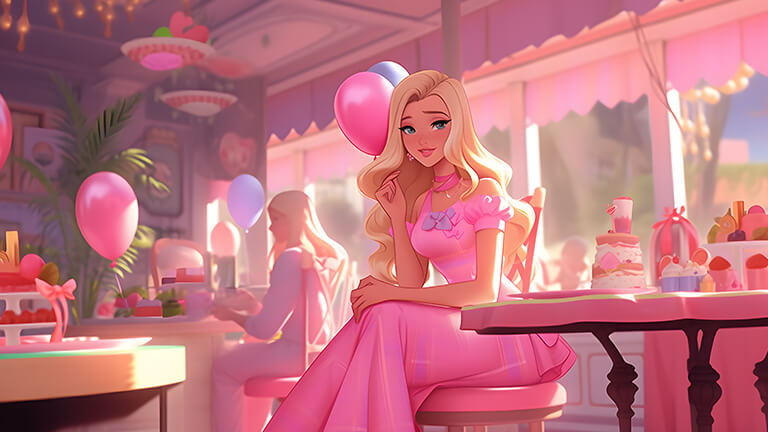 chica en vestido rosa con globos cubierta de fondo de escritorio