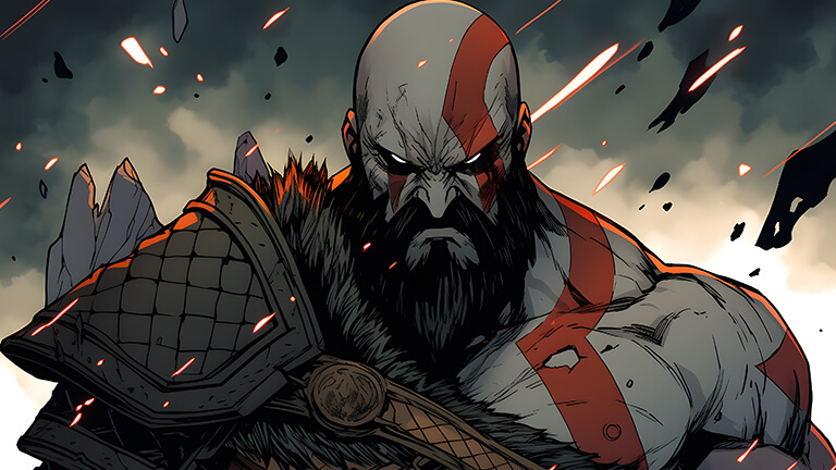 Fond d'écran pc de bureau avec Kratos en colère de God of War en couverture