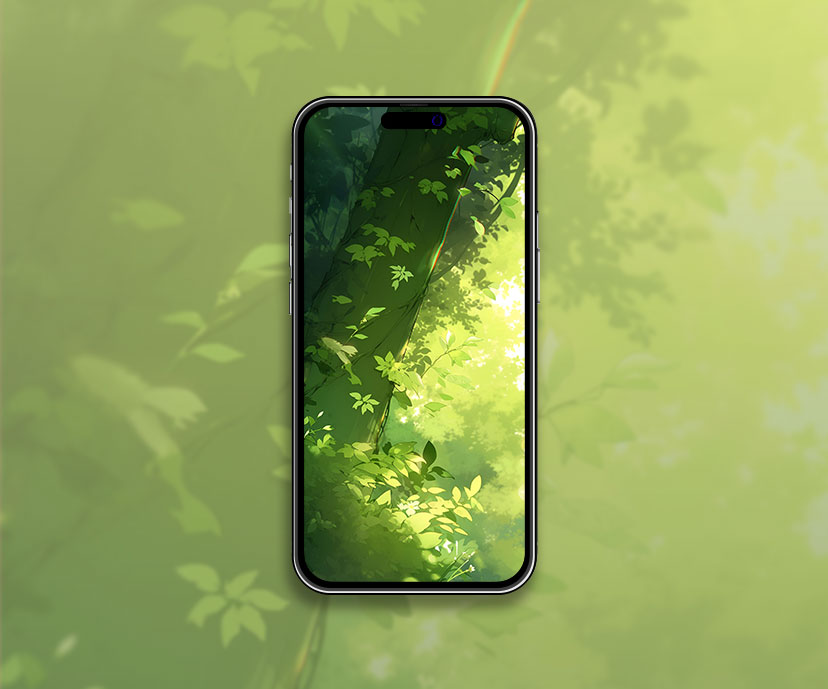 Papel pintado verde de la naturaleza del bosque iluminado por el sol Papel pintado verde estético