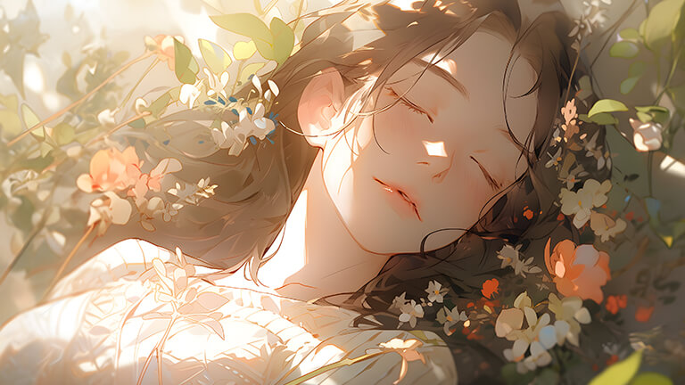 Encantadora chica durmiendo entre flores Cubierta de fondo de escritorio