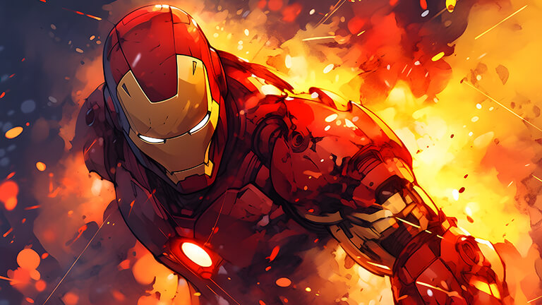 Fond d'écran pc de bureau avec Iron Man de Marvel entouré d'une explosion en couverture