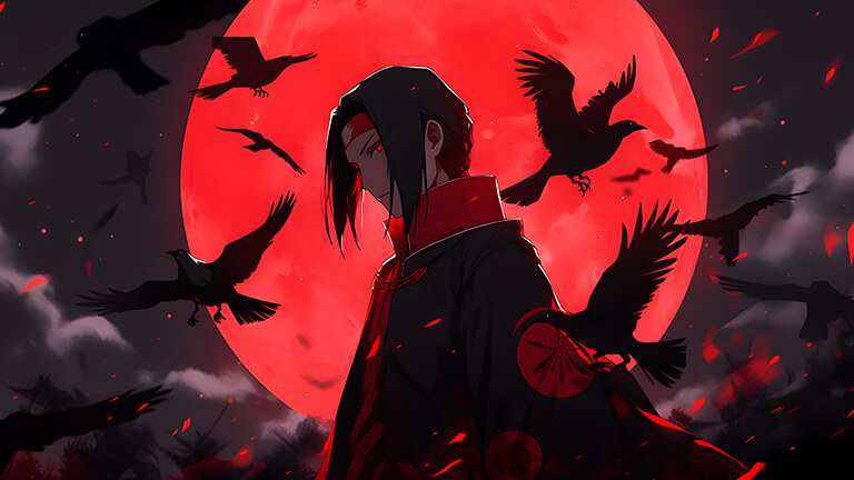 Fond d'écran pc de bureau avec Itachi Uchiha de Naruto entouré de corbeaux