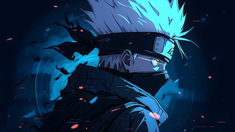 Fond d'écran pc de bureau avec Kakashi Hatake de Naruto en bleu foncé en couverture