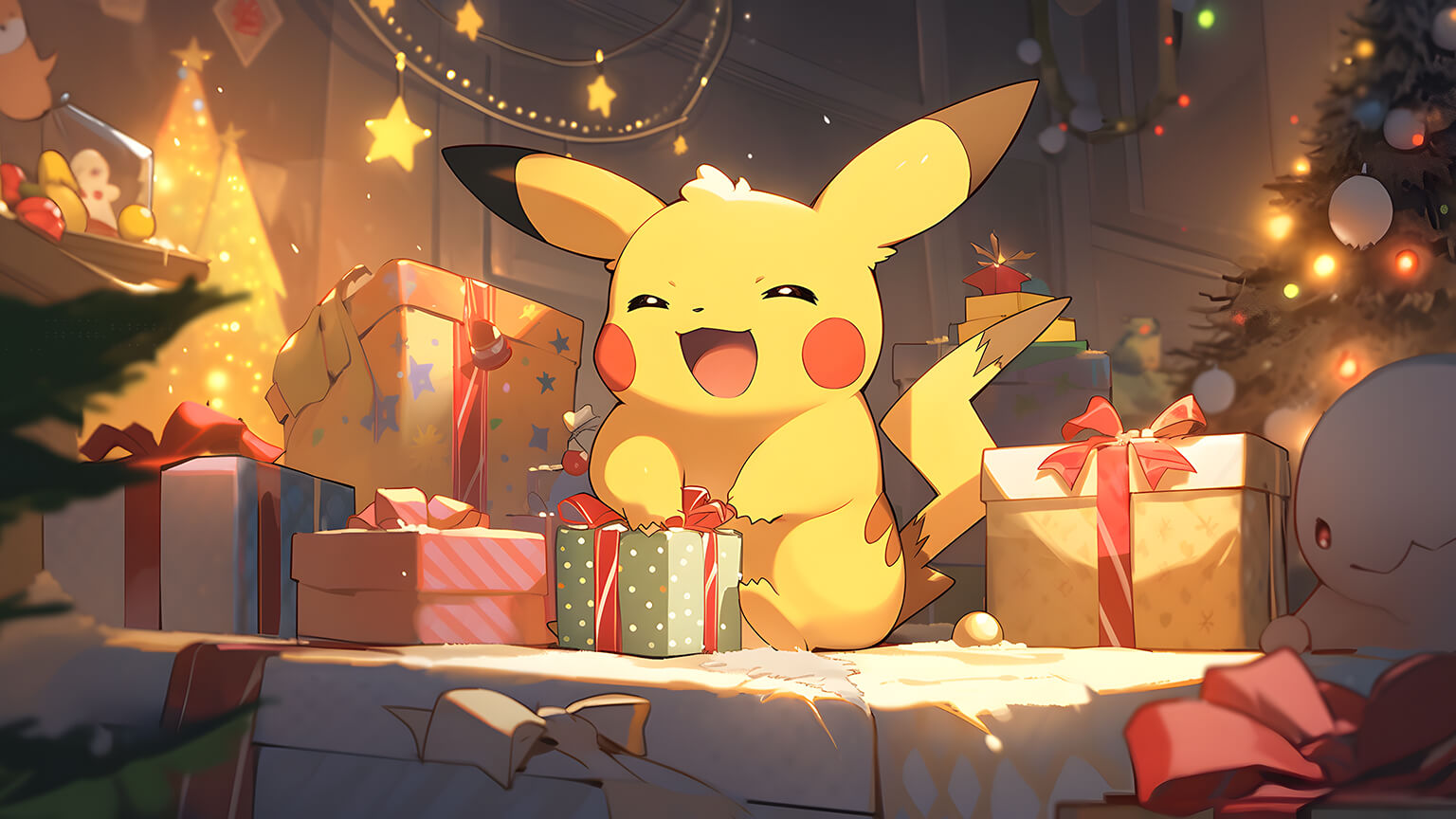 pokemon pikachu with christmas present desktop wallpaper cover