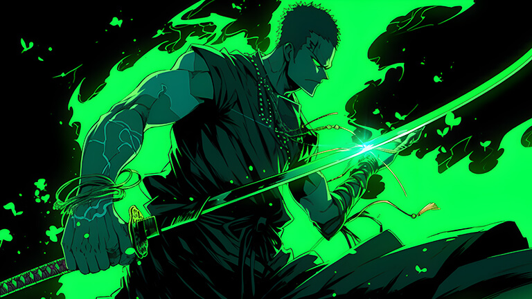 roronoa zoro with sword black green desktop wallpaper cover