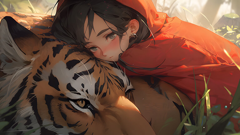 sad anime girl with tiger desktop wallpaper cover