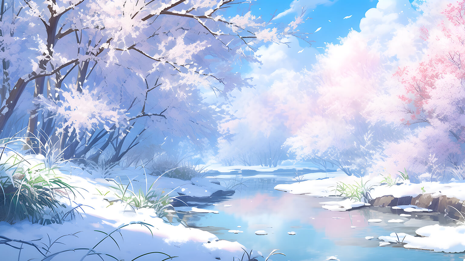 snow covered forest river desktop wallpaper cover