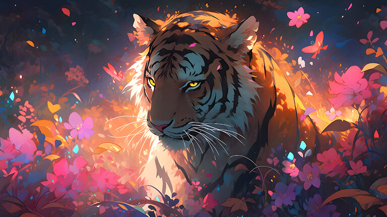 tiger in flowers art desktop wallpaper cover