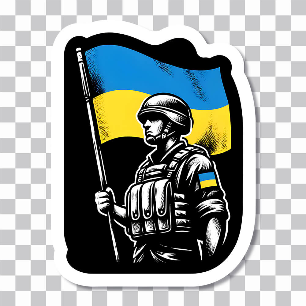 Soldado ucraniano con una cubierta de pegatina de bandera