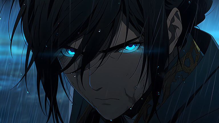 anime boy with blue glowing eyes desktop wallpaper cover
