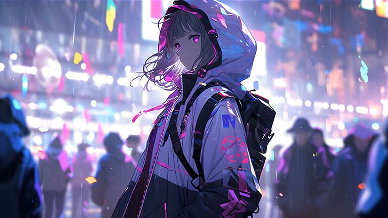 anime girl pink eyes city desktop wallpaper cover