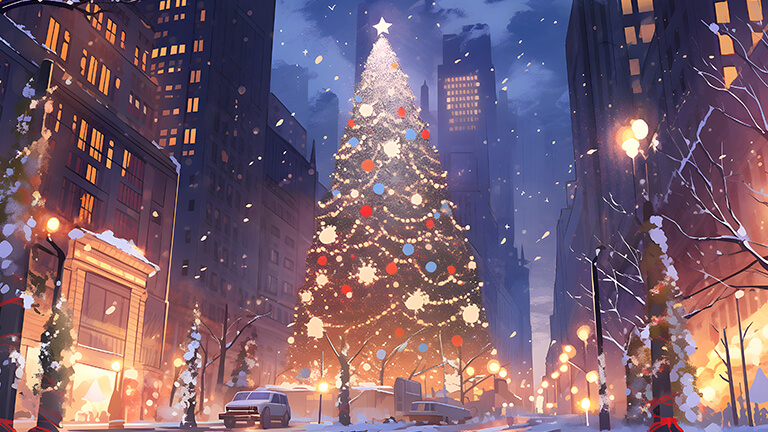 Arbre de Noël sur la couverture de fond d’écran de bureau de New York Street