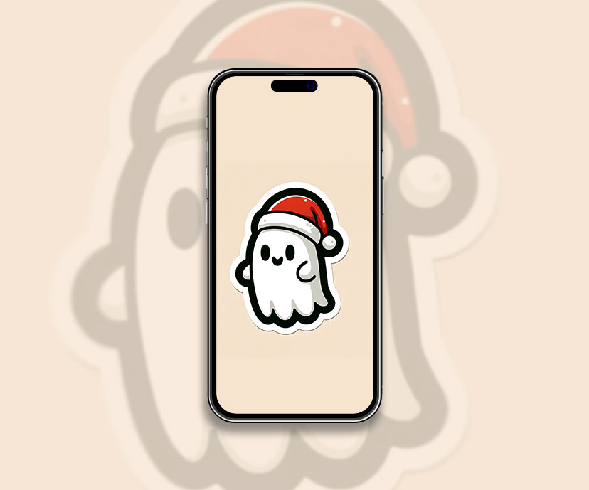 Fantôme mignon dans un fond d’écran de chapeau de Noël Mignon art beige wallpap