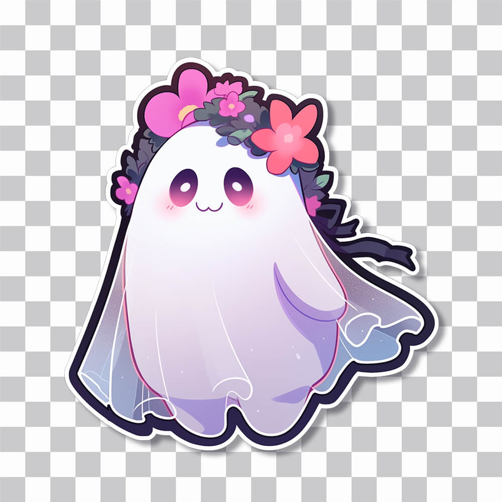 fantôme mignon avec couverture d’autocollant de couronne de fleurs