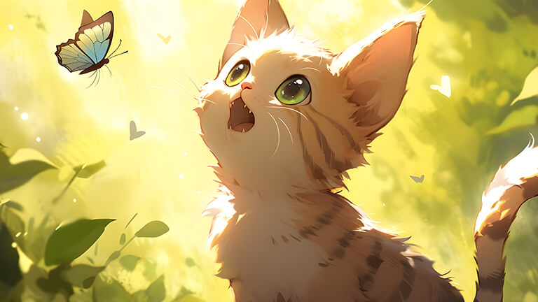 chat drôle avec papillon vert couverture de fond d’écran