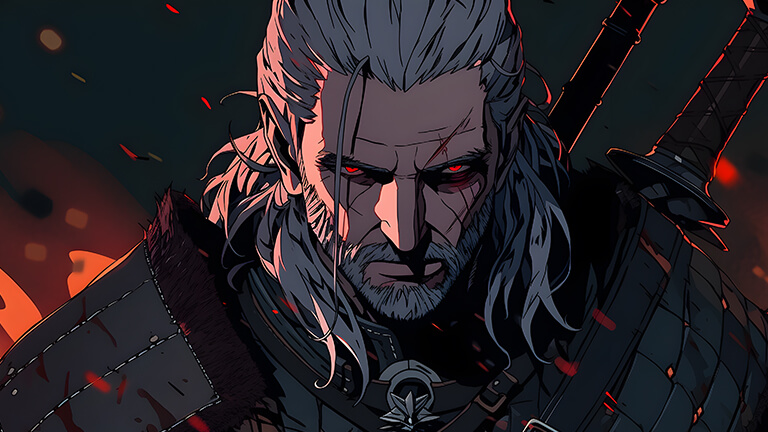 geralt of rivia with red eyes desktop wallpaper cover