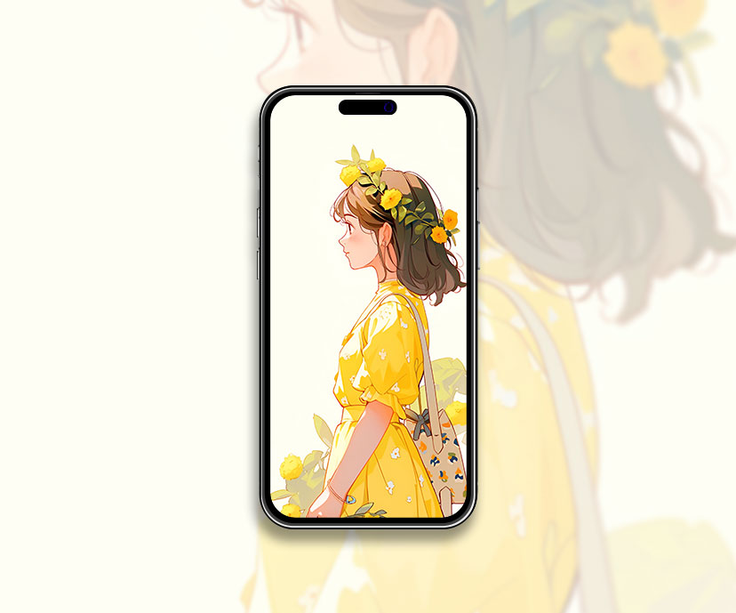 Muchacha feliz en un vestido amarillo papel pintado Arte estético amarillo wa