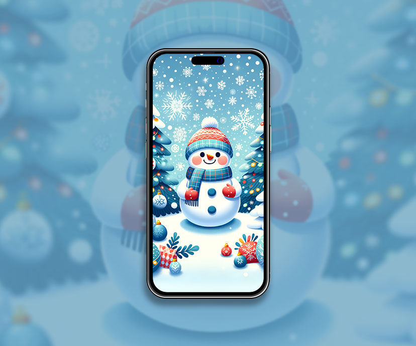 Heureux bonhomme de neige souriant fond d’écran d’hiver Esthétique de vacances mignonne