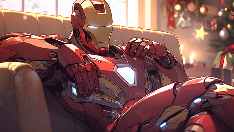 Iron Man assis sur le canapé Noël fond d’écran couverture