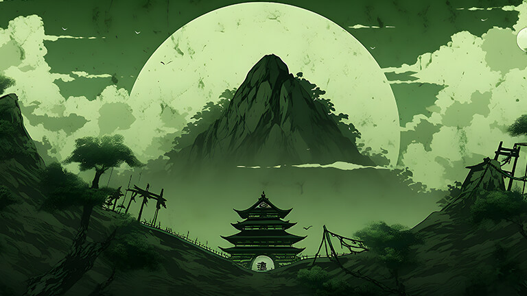 Pagode japonaise montagnes vertes couverture de fond d’écran