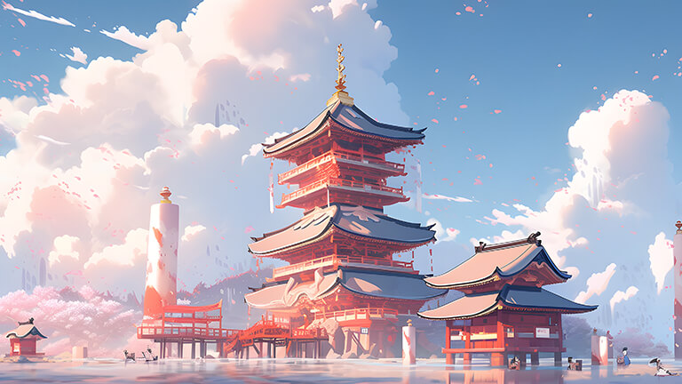 Pagodas japonesas nubes fondo de escritorio Portada
