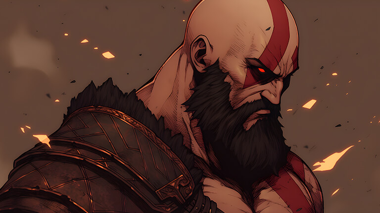 Kratos con ojos rojos Cubierta de fondo de escritorio marrón