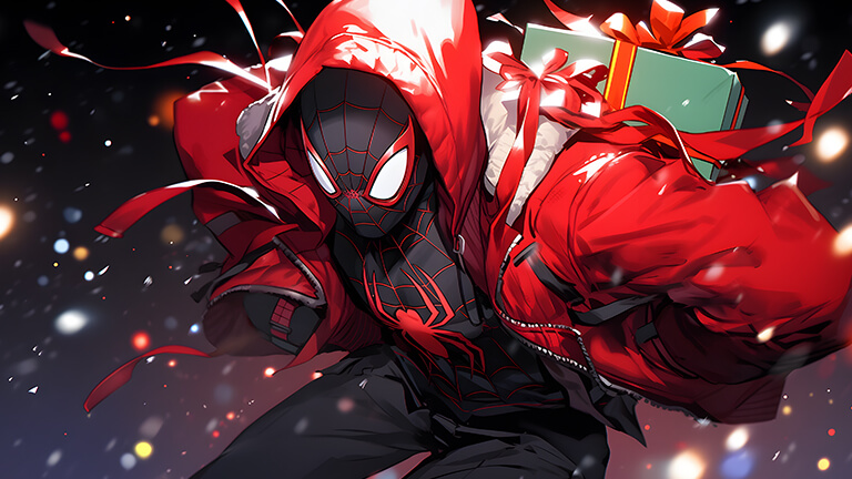 miles morales with christmas gift desktop wallpaper cover