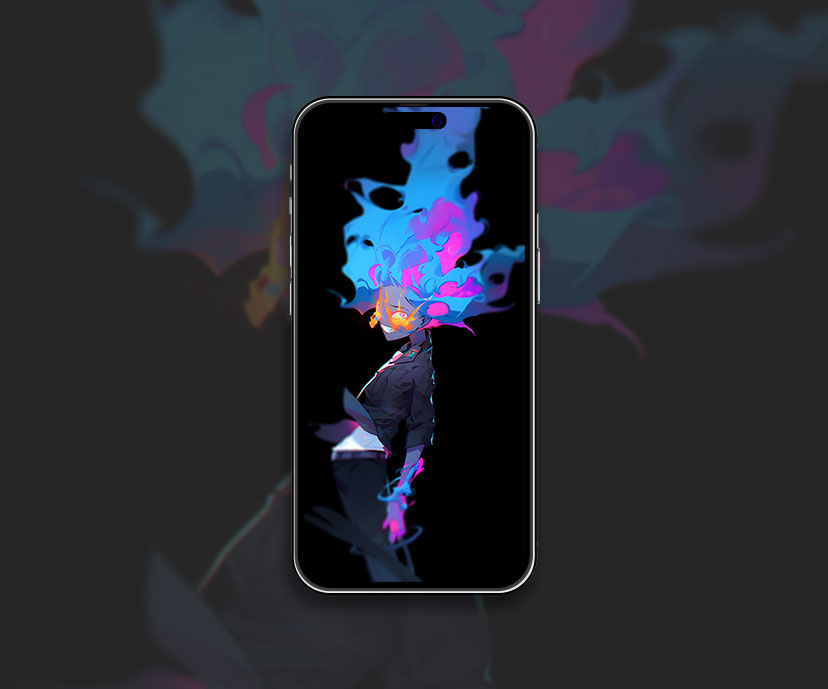 Mysterious character with blue hair on dark background wallpaper