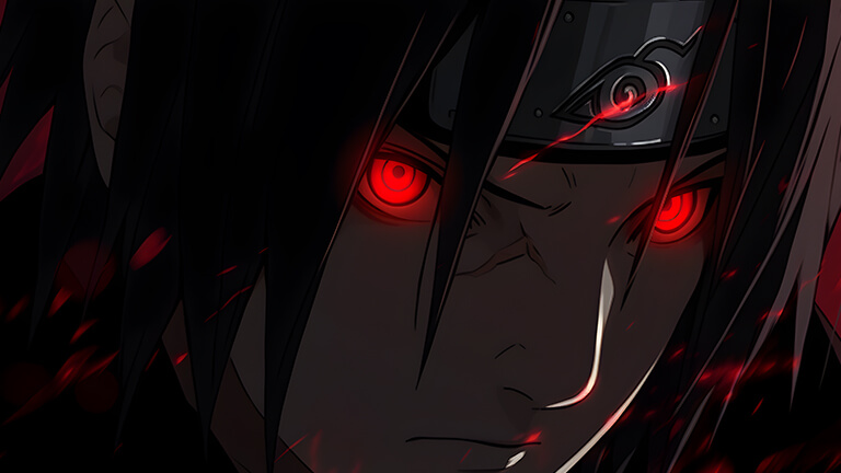 Naruto Itachi con ojos rojos oscuros cubierta de fondo de escritorio