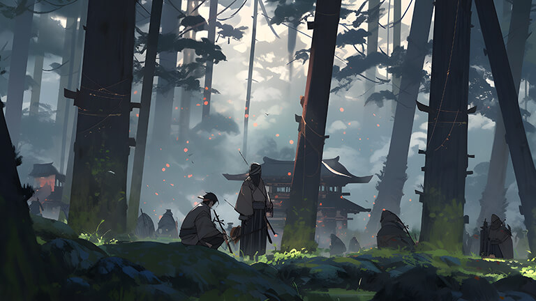samurai settlement forest desktop wallpaper cover