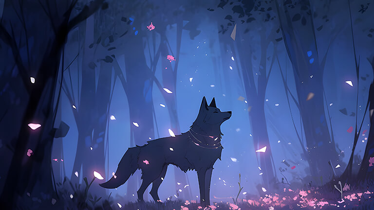 Lobo en Purple Night Forest Cubierta de fondo de escritorio