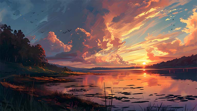 4K Nature Lake Sunset Wallpaper PC - Serene Desktop Download