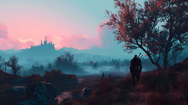 witcher 3 pink sunset landscape aesthetic desktop wallpaper cover