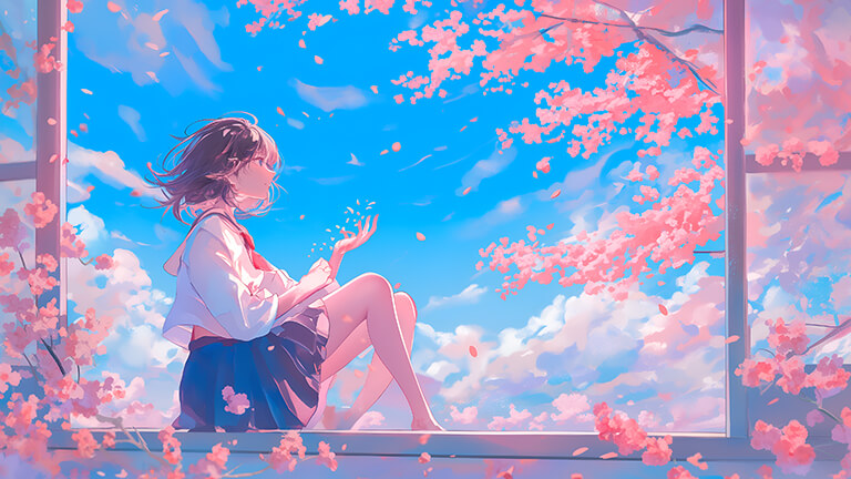 anime girl on window enjoying cherry blossoms desktop wallpaper cover