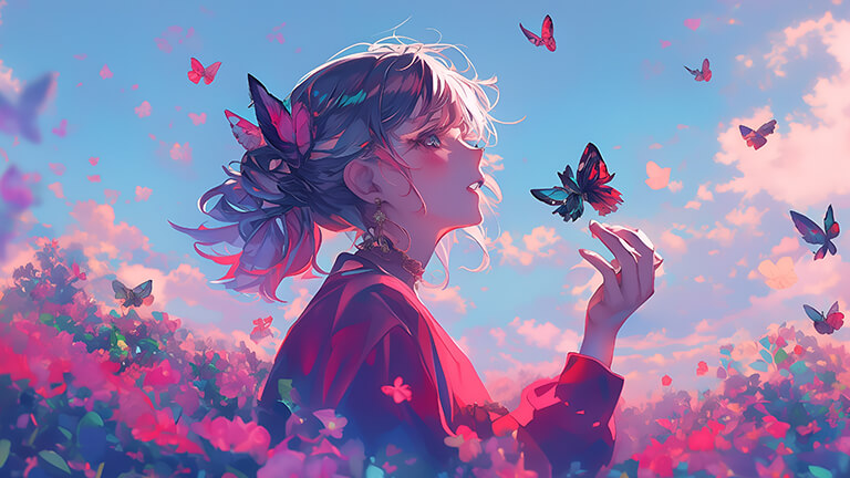 anime girl with flowers butterflies desktop wallpaper cover