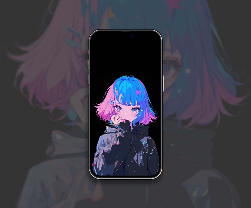 Anime fille avec des cheveux bleus roses collection de fonds d’écran noirs