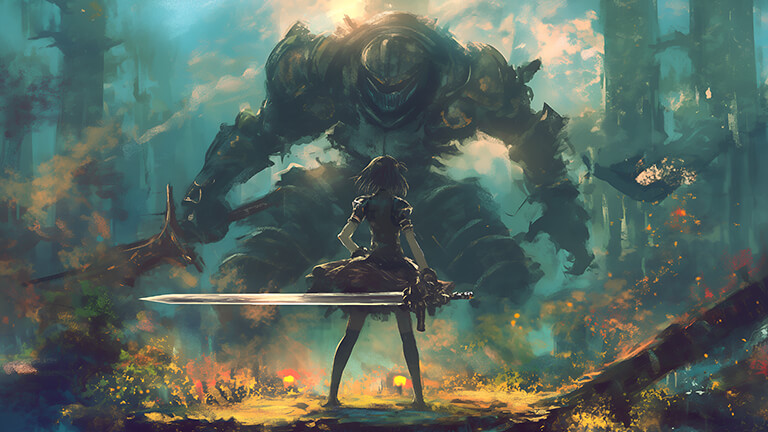 anime girl with sword vs monster desktop wallpaper cover
