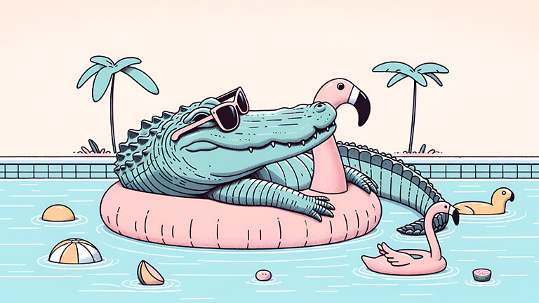 crocodile in pool with inflatable flamingo desktop wallpaper cover