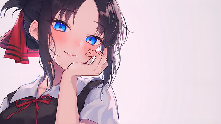 linda chica anime con ojos azules cubierta de fondo de escritorio beige