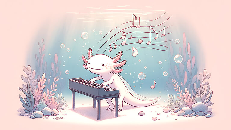 lindo ajolote tocando piano bajo el agua cubierta de fondo de escritorio