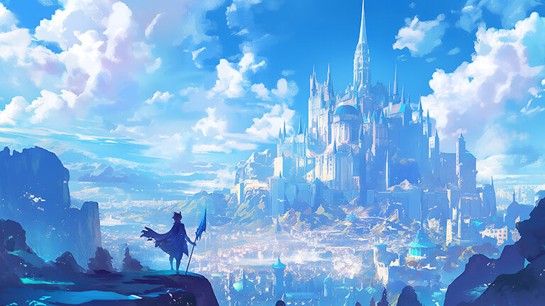fantastic castle clouds blue desktop wallpaper cover