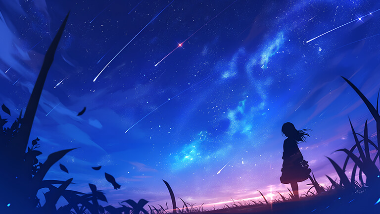 chica mirando el cielo nocturno con la cubierta del fondo de escritorio de la lluvia de meteoros