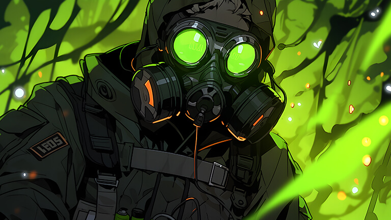 guy in toxic mask green desktop wallpaper cover