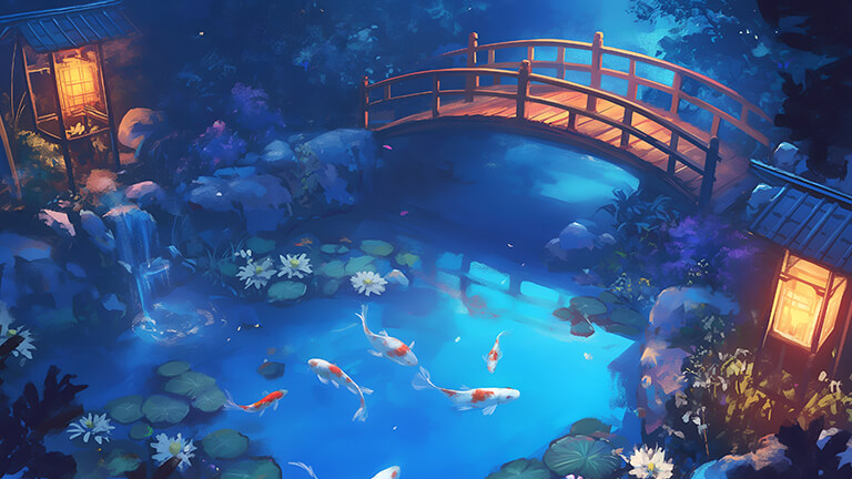 Koi Pond sous Moonlight Couverture de fond d’écran