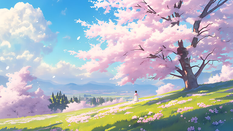 landscape girl under cherry blossoms desktop wallpaper cover