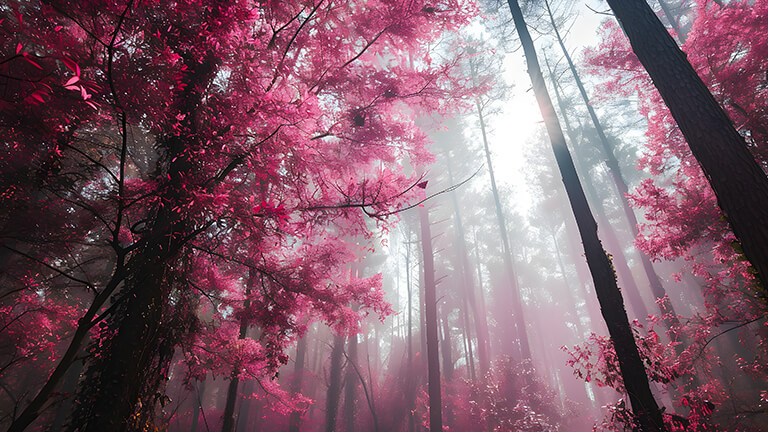 Forêt brumeuse avec des arbres roses couverture de fond d’écran